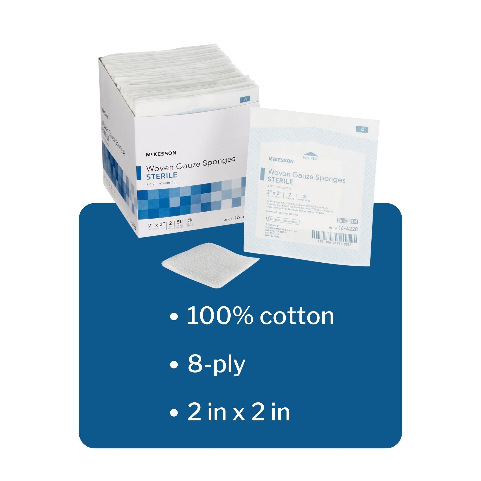 McKesson 8-Ply Sterile Gauze Sponges, 2 x 2, 2 counts per Pack, 50 Packs, total 100 Sterile Gauze Sponges