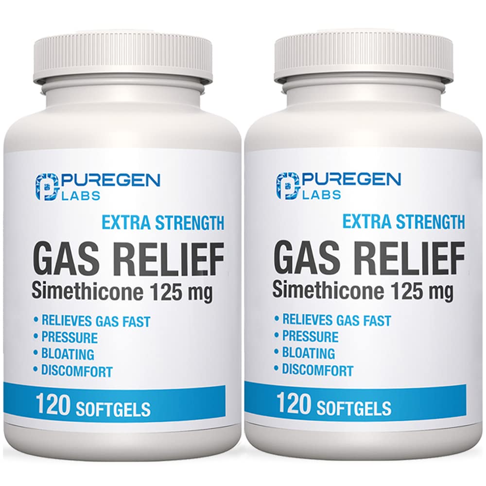 P Puregen Labs Extra Strength Gas Relief Softgels with Simethicone 125 mg | Fast Relieve of Pressure, Bloating and Painful Disco