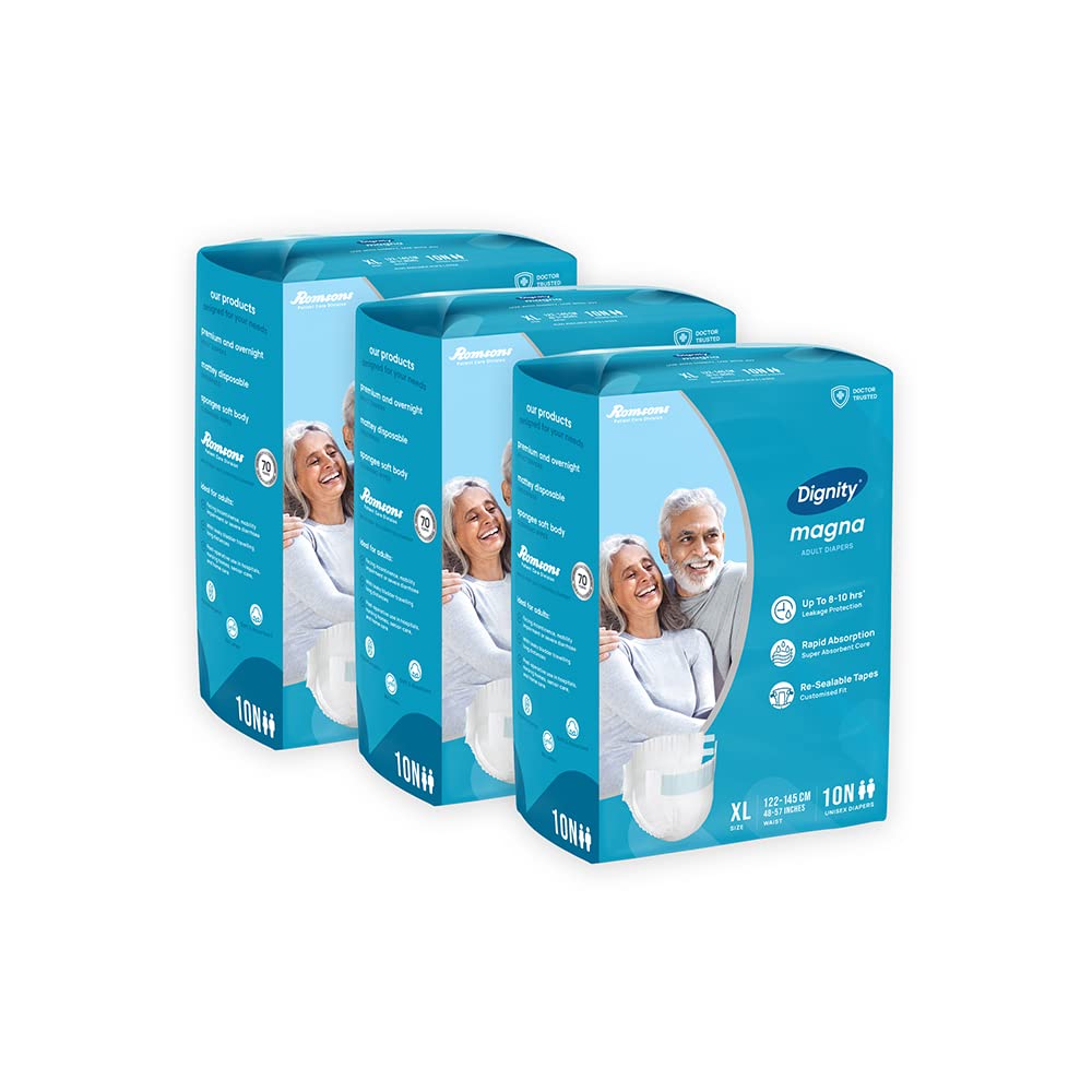 Dignity Magna Tape Style Adult Diapers  Xl (30 Pieces) With Wetness Indicator And Leakage Protection Upto 810 Hrs.