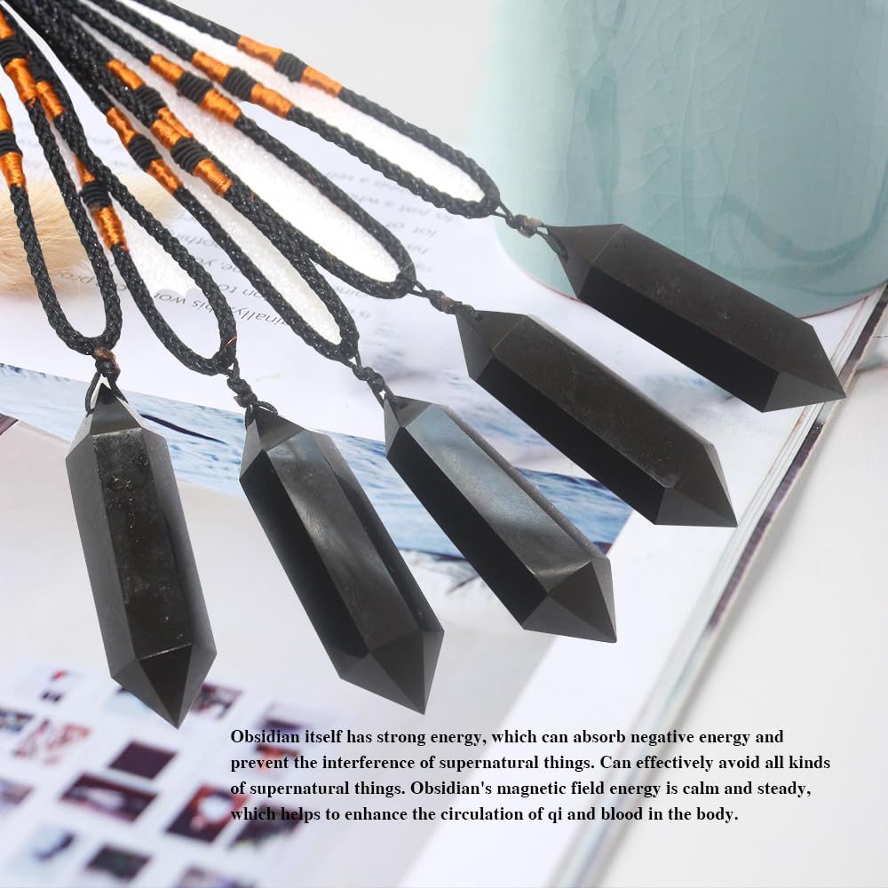 Runyangshi Black Obsidian Healing Crystal Pendants, Double Pointed Natural Crystal Quartz Necklace 6 Faceted Chakra Crystal Wand