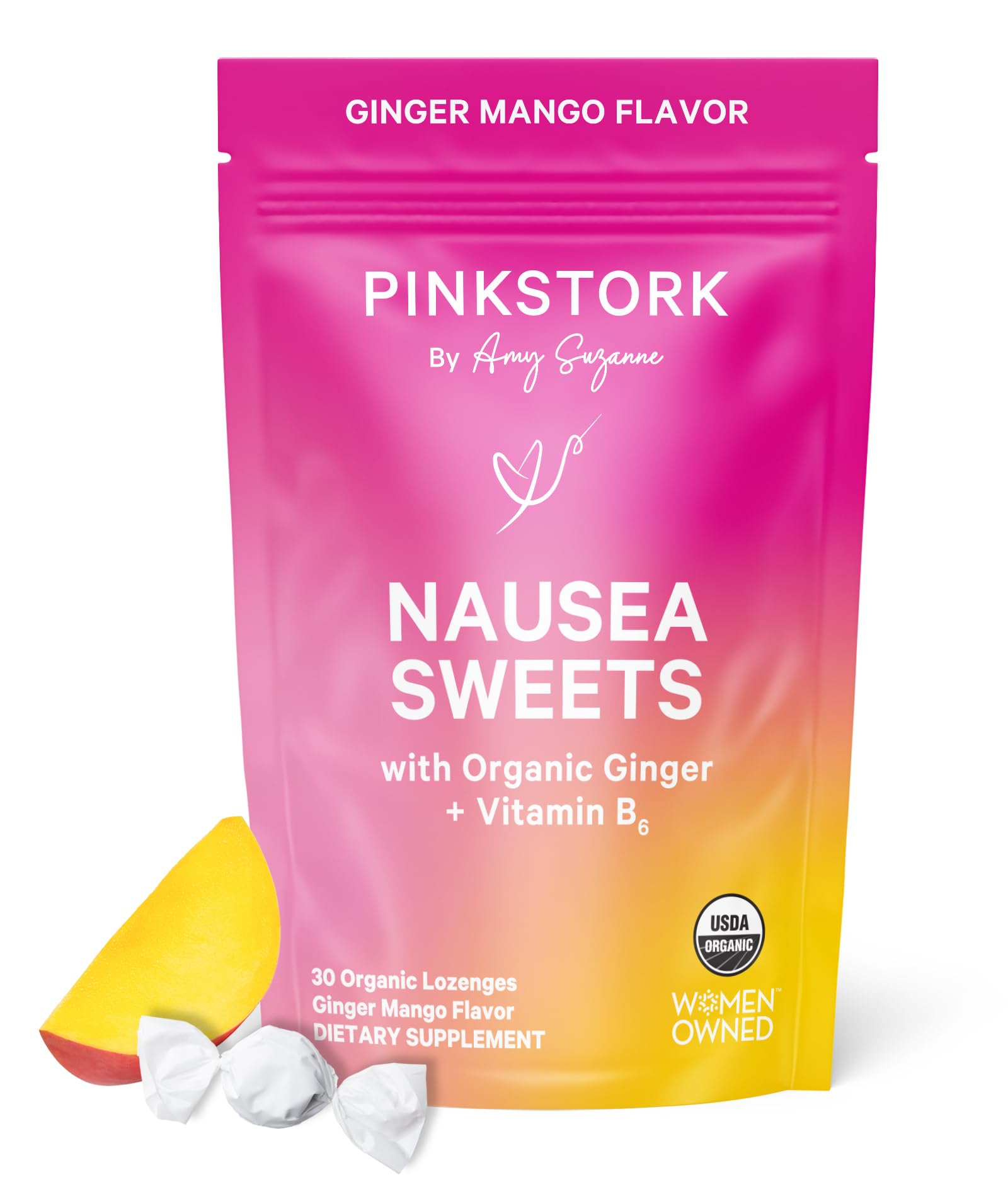 Pink Stork Organic Mango Sweets with Vitamin B6 for Morning Sickness and Motion Sickness, Added Ginger & Vitamin B6, 1st Trimest