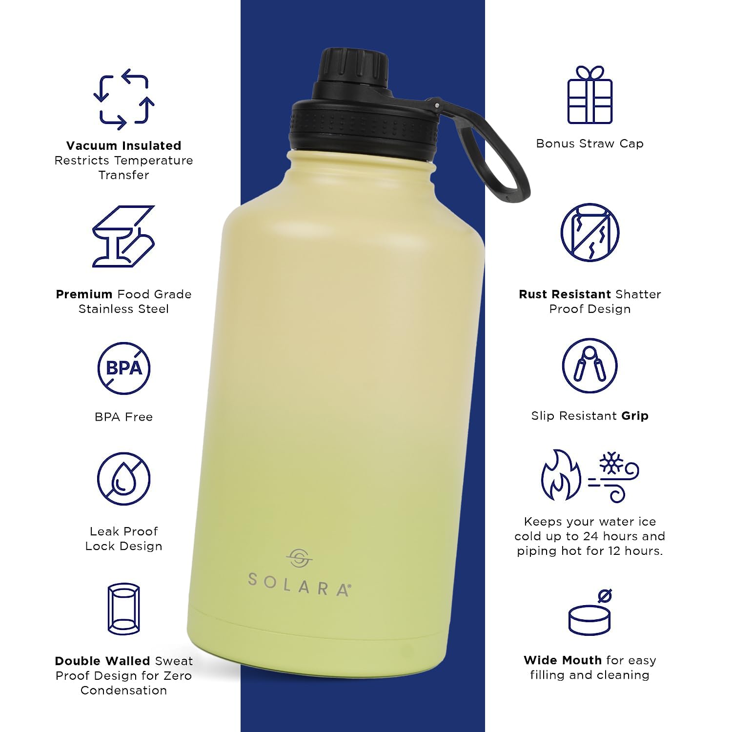 SOLARA Insulated Water Bottle 2000ml, Hot Water Bottle, Thermosteel Water Bottle for Travel, Home, Office, School, Gym, Adults,