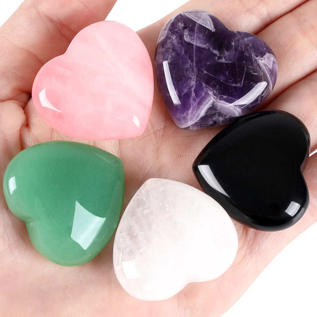 QINJIEJIE 5Pcs 1.2'' Rose Quartz Heart Crystals Amethyst Healing Crystal Love Stone Polished Thumb Palm Natural Worry Gemstones 