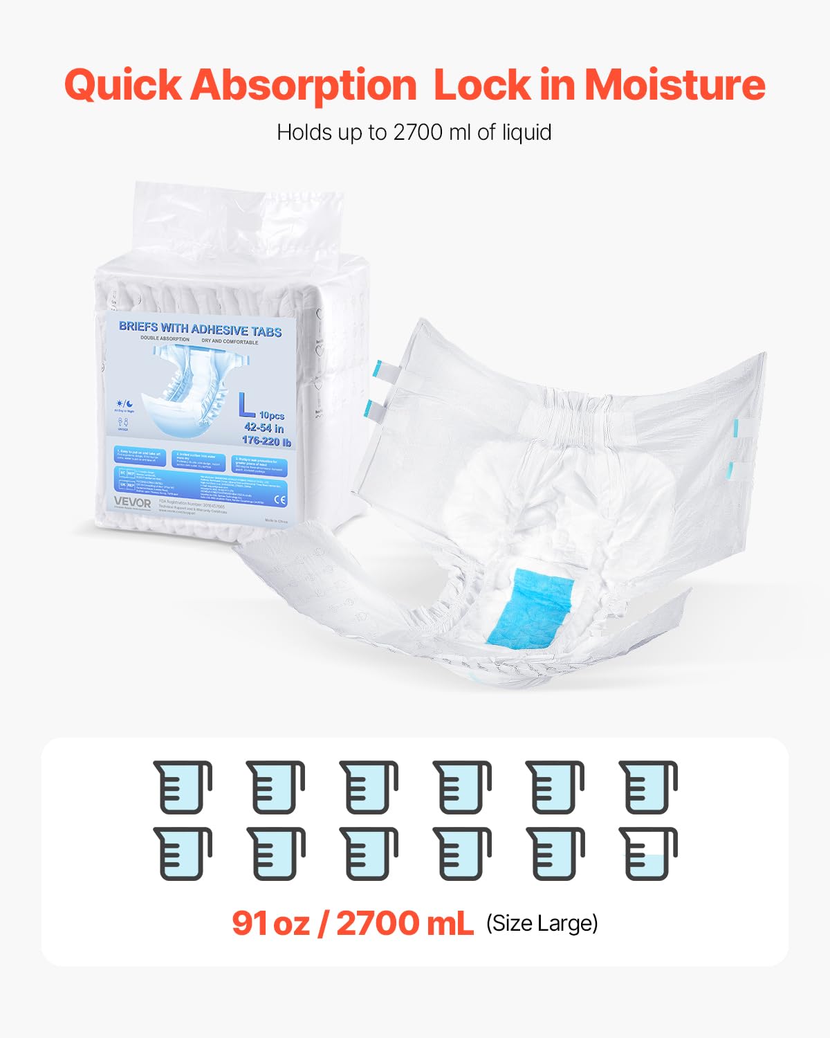 VEVOR Adult Briefs with Tabs, Super Absorbent Incontinence Briefs for Men and Women, Disposable Adult Diapers with Leakproof 3D