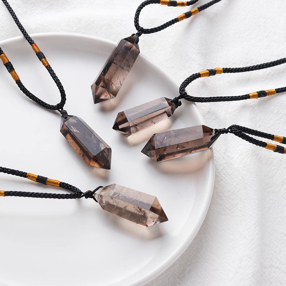 Runyangshi Smoky Quartz Healing Crystal Pendants, Double Pointed Natural Crystal Quartz Necklace 6 Faceted Chakra Crystal Wand S