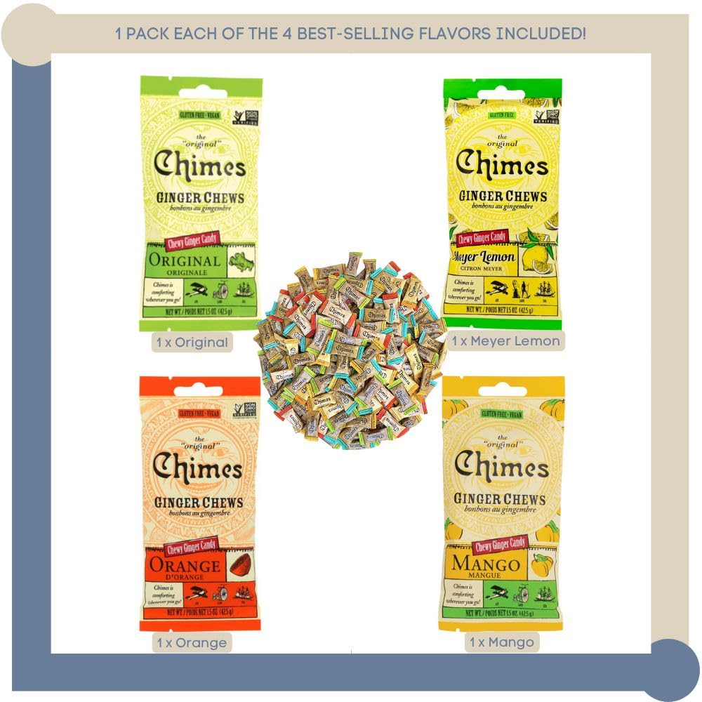 Chimes Ginger Chews Variety Pack of 4 Bundle - 1 of each (Original, Mango, Lemon & Orange) 6 oz total Low Calorie, Vegan, GF, Or