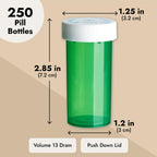Juvale Pill Bottles - 250 Pack, 13 Dram Capacity, Green Bottles & White Lids - Prescription Vials & Pharmacy Vials with Child-Re