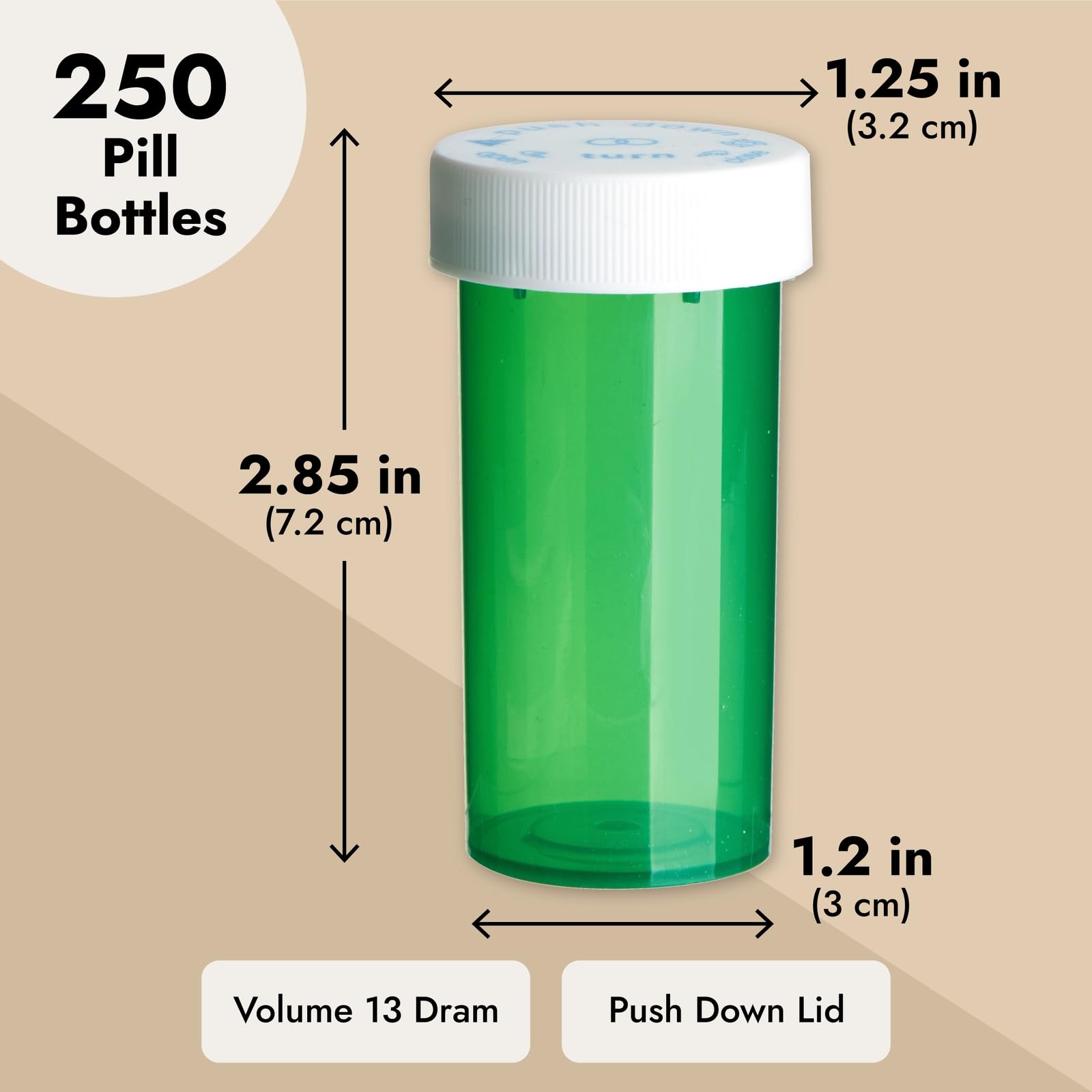 Juvale Pill Bottles - 250 Pack, 13 Dram Capacity, Green Bottles & White Lids - Prescription Vials & Pharmacy Vials with Child-Re