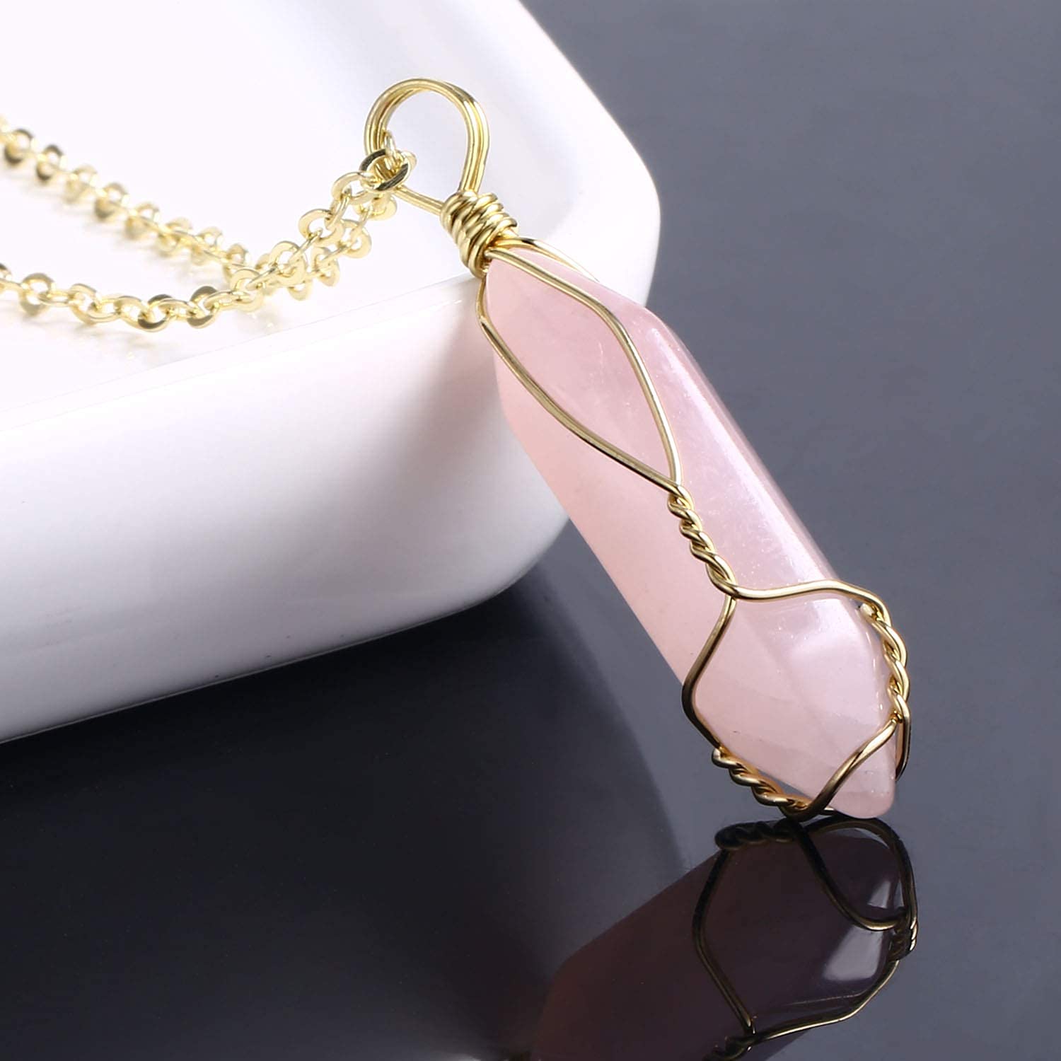 BOUTIQUELOVIN Real Rose Quartz Crystal Necklaces Gold Chain Wire Wrap Raw Stone Necklace on 20'' Chain Healing Crystal Jewlery f