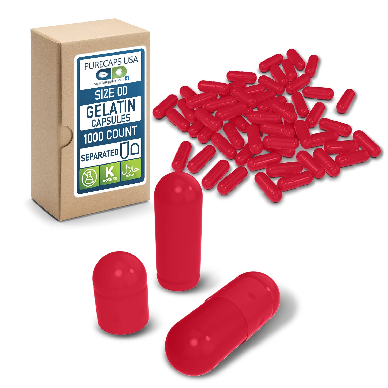 PureCaps USA - Empty Gelatin Capsules Size 00| 1,000 Separated Pills| Red| Non-GMO Certified | SLS, Gluten, Preservative Free