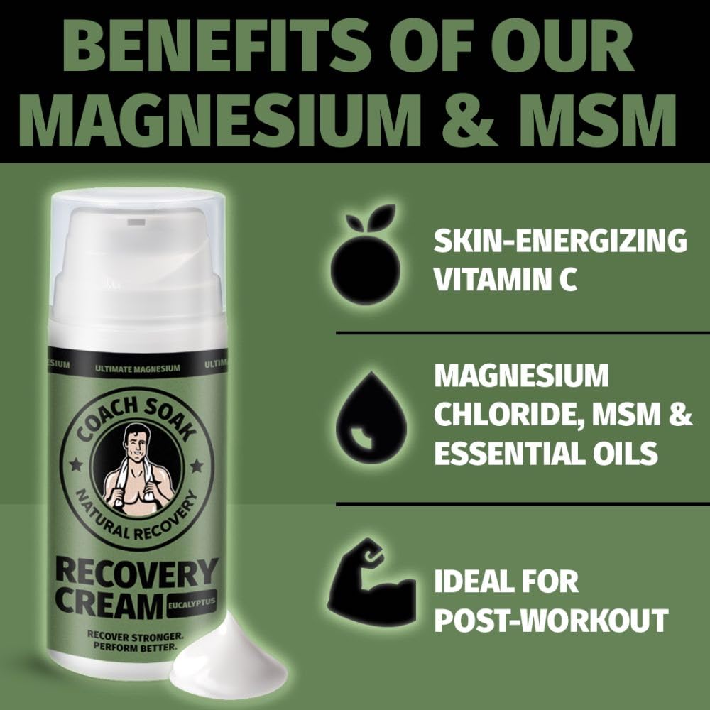 Coach Soak Magnesium Cream with MSM in Pump Bottle - Natural Recovery Cream with Magnesium Chloride & Menthol - Fast-Absorbing f