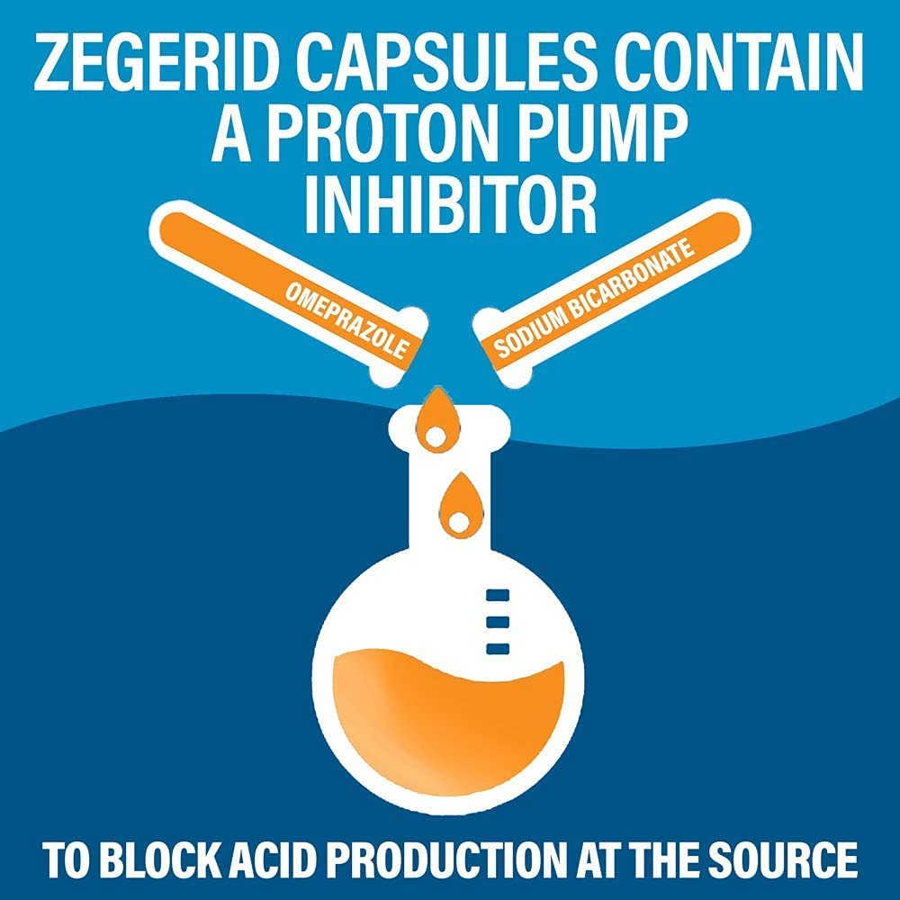 Zegerid OTC Heartburn Relief, 24 Hour Stomach Acid Reducer Proton Pump Inhibitor with Omeprazole and Sodium Bicarbonate, Capsule