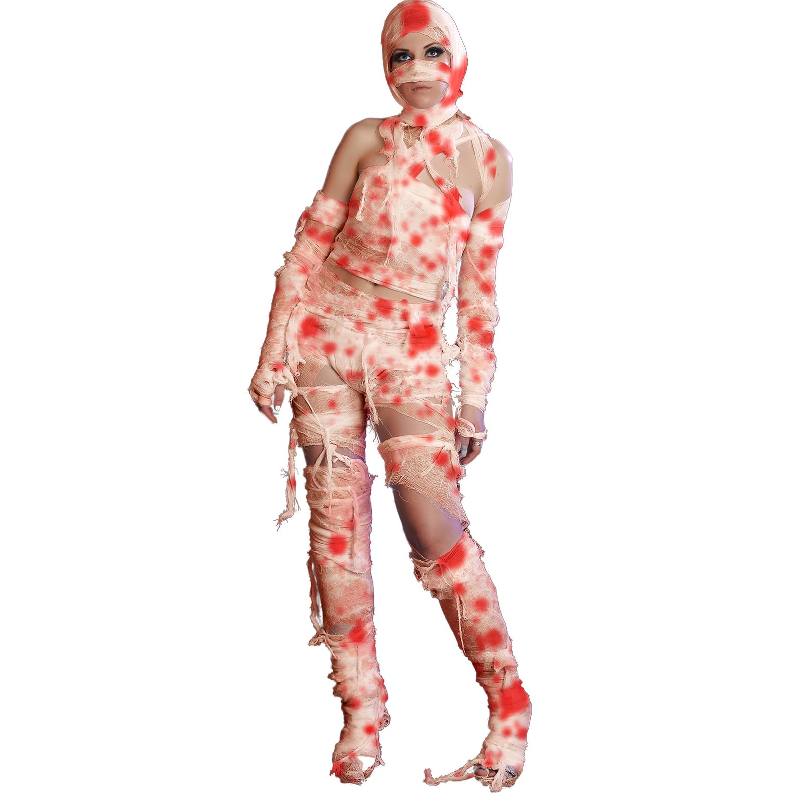 Preboun Halloween Mummy Bandage Wrap Bloody Gauze Zombie Makeup Props Creepy Costume Bandage Cosplay Party(Red,131.2 ft X 3.15 I