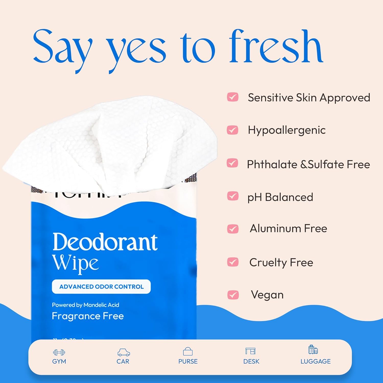 FOMIN Acidified Travel Deodorant Wipes For Women & Men - 50 Count - Fragrance Free - pH Balanced, Mini Deodorant Travel Size Wip