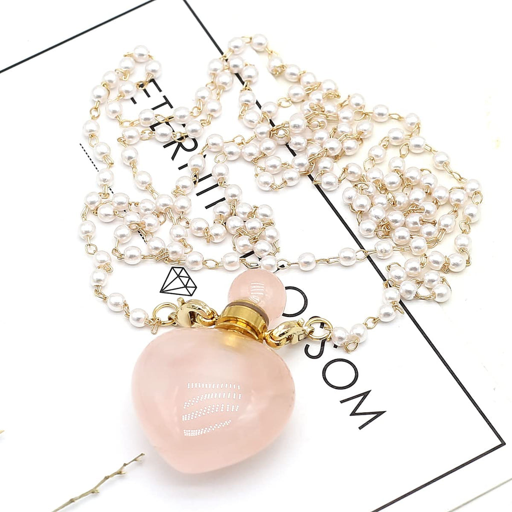 1pcs Natural Rose Quartz Stone Perfume Bottle Pendant Pearl Bead Chain Rectangle Heart Necklace for Women StonHealinge Essential