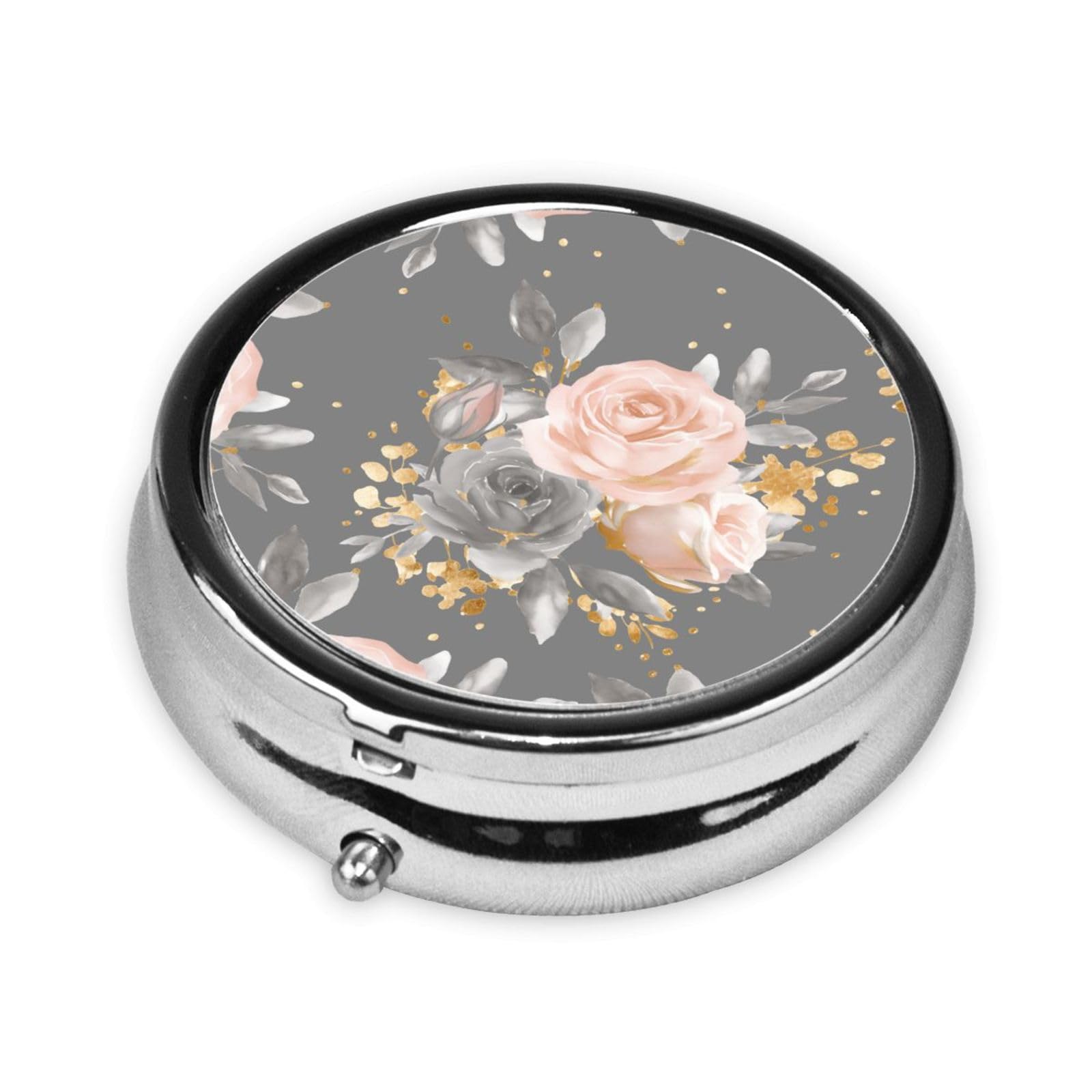 keluki Golden Blush Roses On Gray Watercolor Glitter Flowers Print Round Metal Pill Box with 3 Compartment for Pocket or Purse T