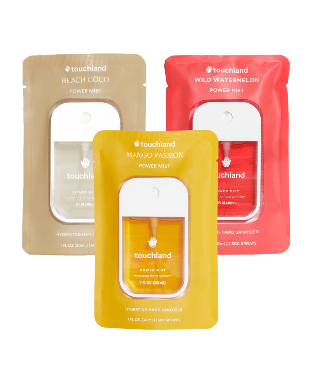 Touchland Power Mist Hydrating Hand Sanitizer Spray, TROPICAL Trio Set (Mango Passion, Beach Coco, Watermelon), 1 FL. OZ. Travel