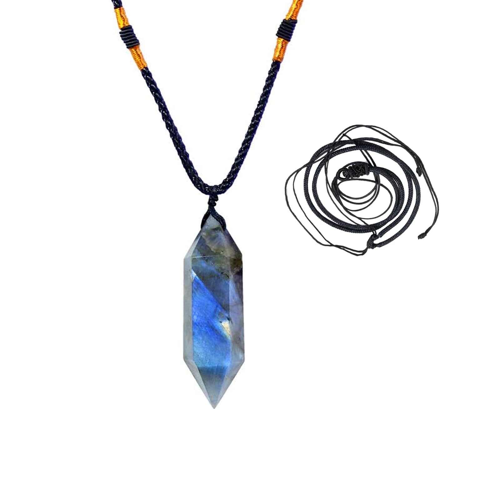 Runyangshi Labradorite Healing Crystal Pendants, Double Pointed Natural Crystal Quartz Necklace 6 Faceted Chakra Crystal Wand St