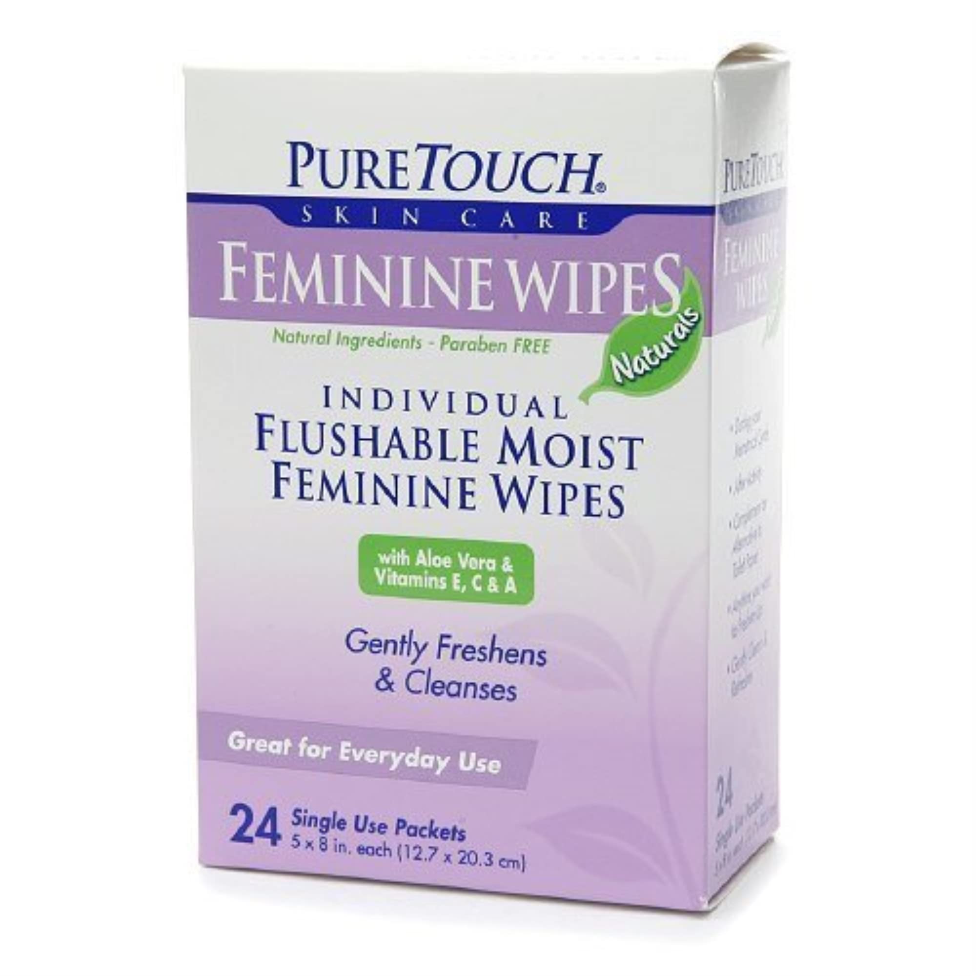 PureTouch Feminine Wipes NATURALS for Adults Individual Flushable Moist Wipes 144 Single-Use-Packets
