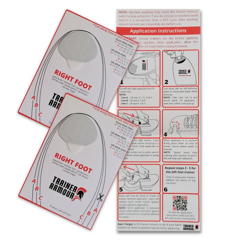 Trainer Armour - Big Toe Hole Preventer, self-Adhesive Patches with a Clever applicator - Shoe Toe Burst Toe Box Blowout Prevent