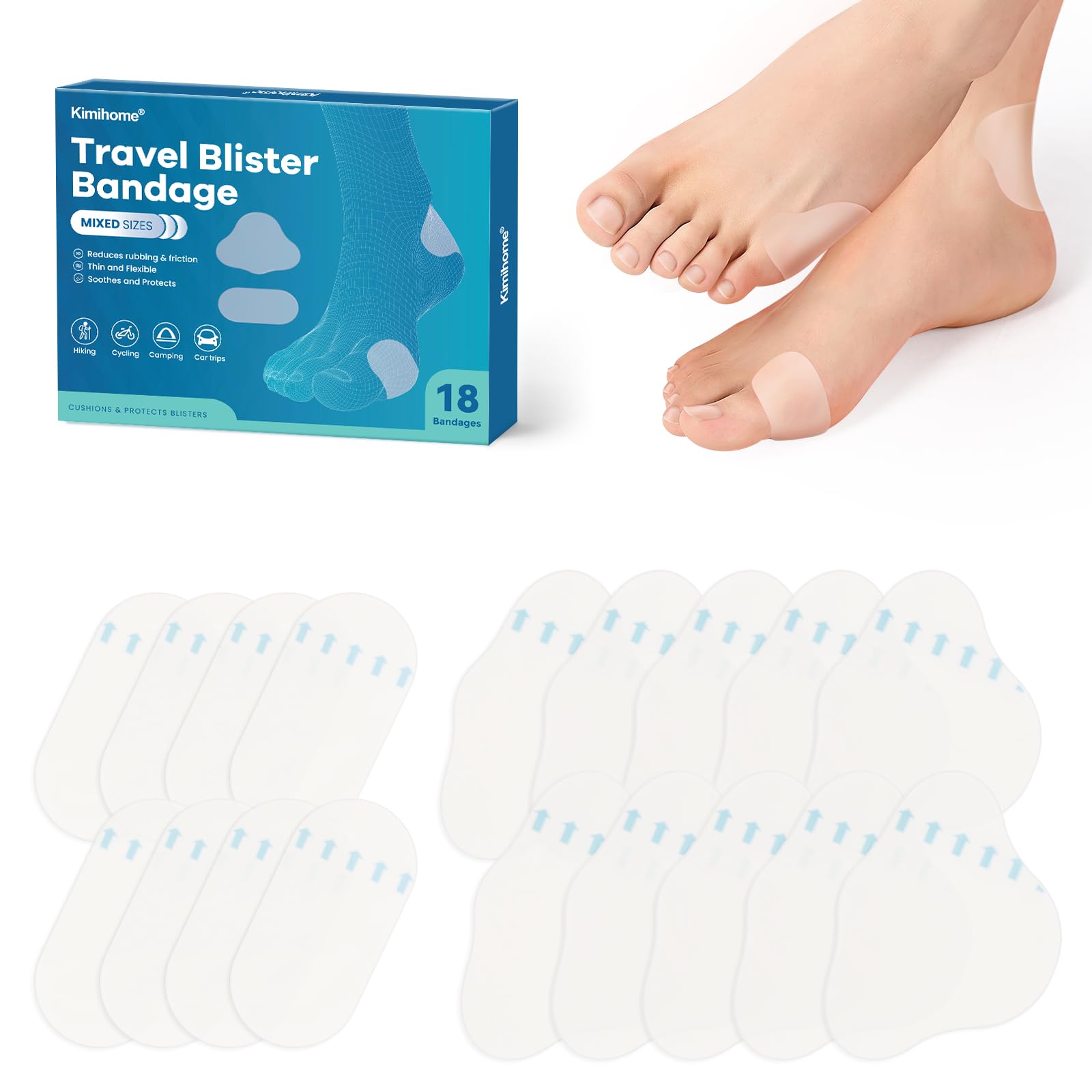 Kimihome Hydrocolloid Blister Bandages for Feet, Blister Pads for Prevention & Recovery, Travel Essentials, Thin, Flexible and N