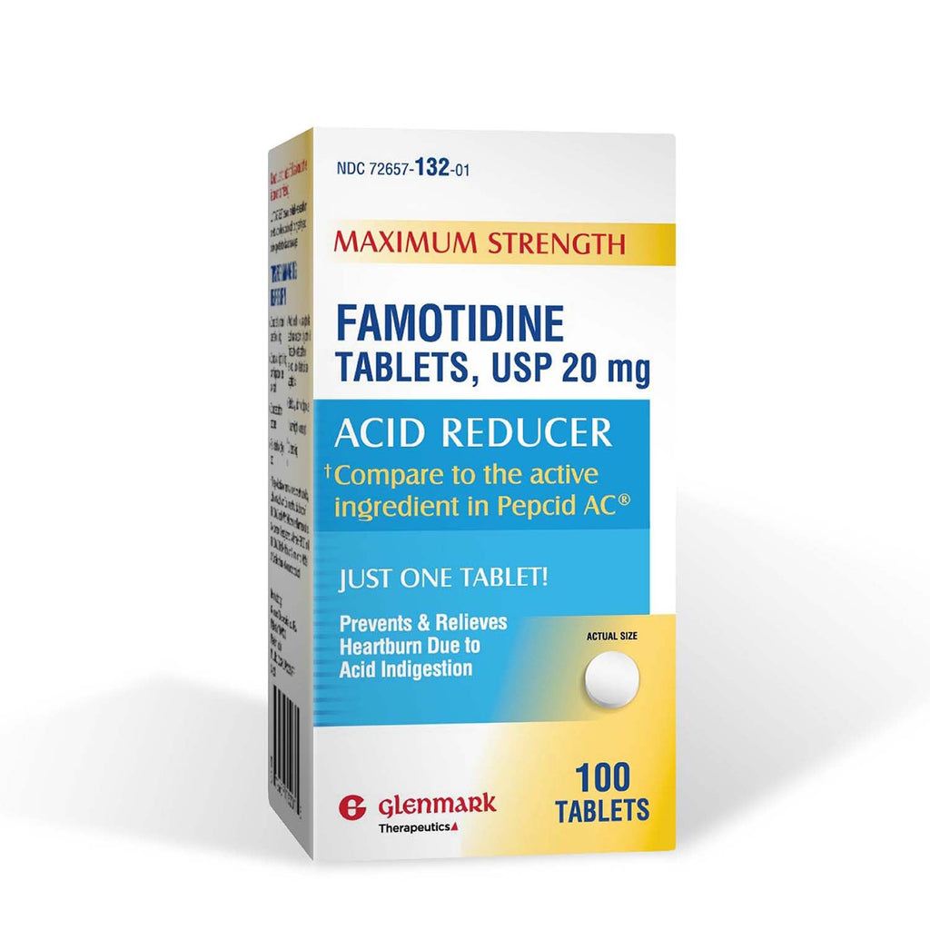 Glenmark Original Strength Famotidine Tablets, 20 mg, Acid Reducer for Heartburn Relief, 100 Count