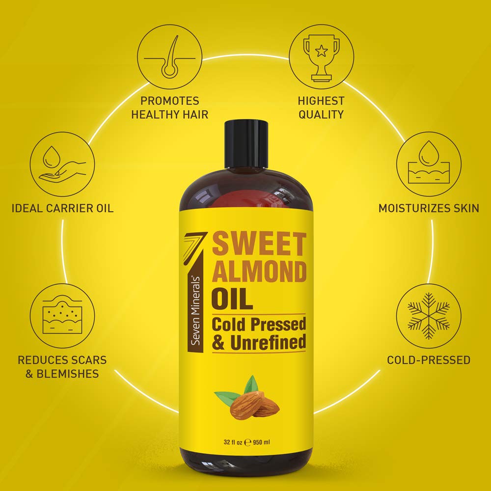 Seven Minerals, Pure Cold Pressed Sweet Almond Oil - Big 32 fl oz Bottle - Unrefined &100% Natural - For Skin & Hair, with No Ad