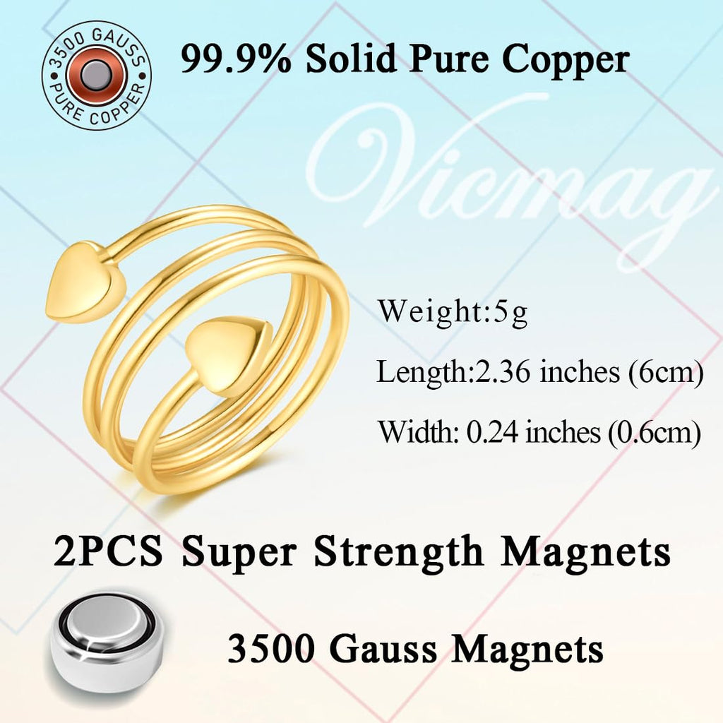 Vicmag Copper Magnetic Ring for Women Ring Ladies Fingers Thumb 99.9% Solid Pure Copper Gift 2PCS Adjustable (Gold Heart)