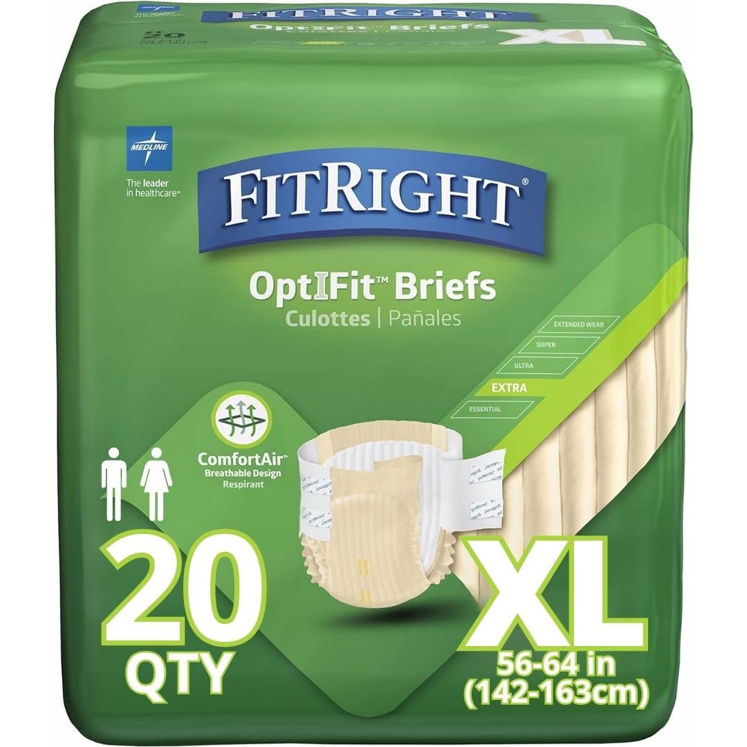 FitRight OptiFit Extra Adult Briefs with Tabs, Moderate Absorbency, X-Large, 57-66, 4 Packs of 20 (80 total)
