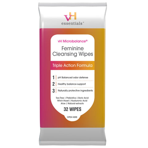 vH essentials Feminine Cleansing Wipes - pH Balanced, Prebiotics, Tea Tree & Aloe, Soothing Witch Hazel, Odor-Blocking Formula, 