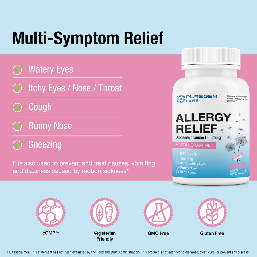 Puregen Labs Allergy Relief Diphenhydramine HCl 25 mg - 600 Mini Tablets - Antihistamine Allergy Medication - Sneezing, Runny No