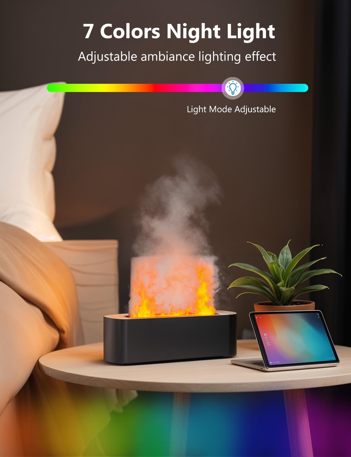 Flame Air Diffuser, Humidifier, Essential Oil Diffuser - 7 Colors, 180mL Capacity (8 Hours), Noiseless Operation, Auto-Off Prote