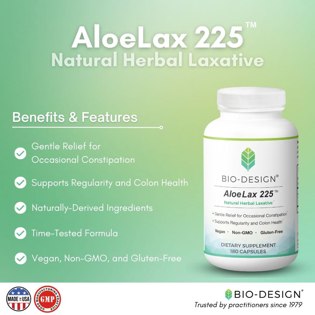 Bio-Design - Aloe Lax 225 Relief for Occasional Constipation, with 225mg Natural Aloe ferox, 180 Capsules