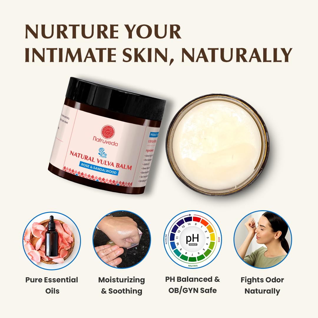 Natruveda Natural Vulva Balm with Pure Virgin Coconut Oil & Beeswax | Odor Control & Intimate Care | Rose & Sandalwood Vulva Bal