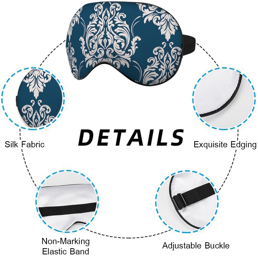 NOHSHE Floral Baroque Sleep Eye Mask Eye Cover Damask Ornament Flowers Elegant Blue Silk Eye Mask for Sleeping with Adjustable S