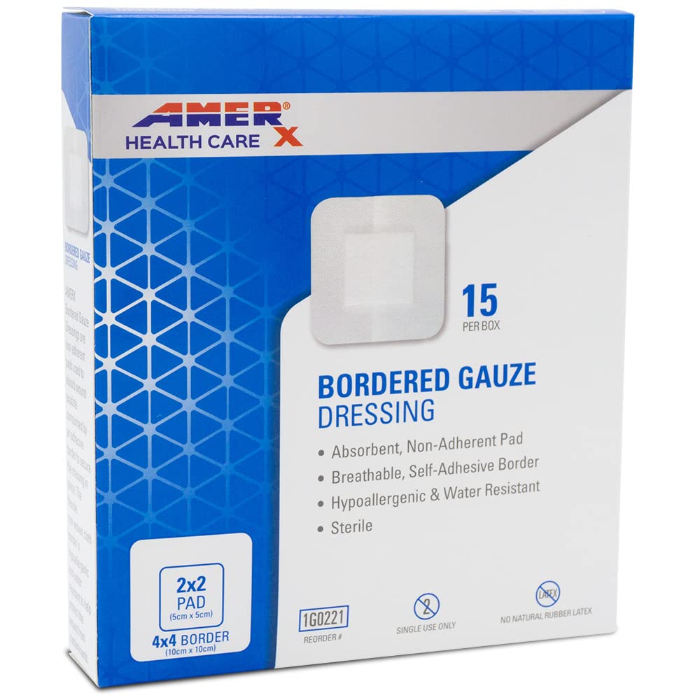 4 x 4 Dressing (2x2 Pad) AMERX Bordered Gauze - Adhesive Bandages - Water Resistant Barrier - Self Adhesive Border - Breathable,