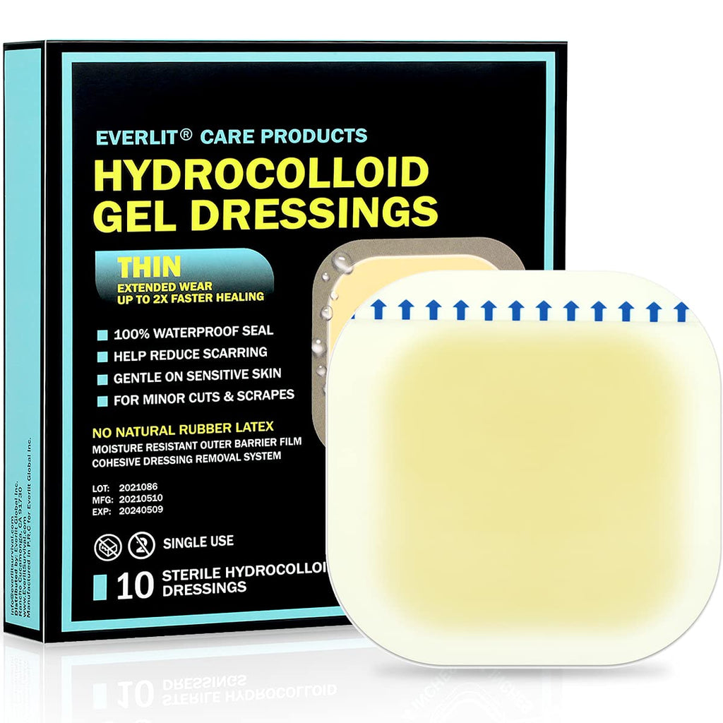EVERLIT Hydrocolloid Wound Dressing | Waterproof Adhesive Bandage 4 x 4 [Pack of 10] | Sterile, Advance Healing for Acne Breakou