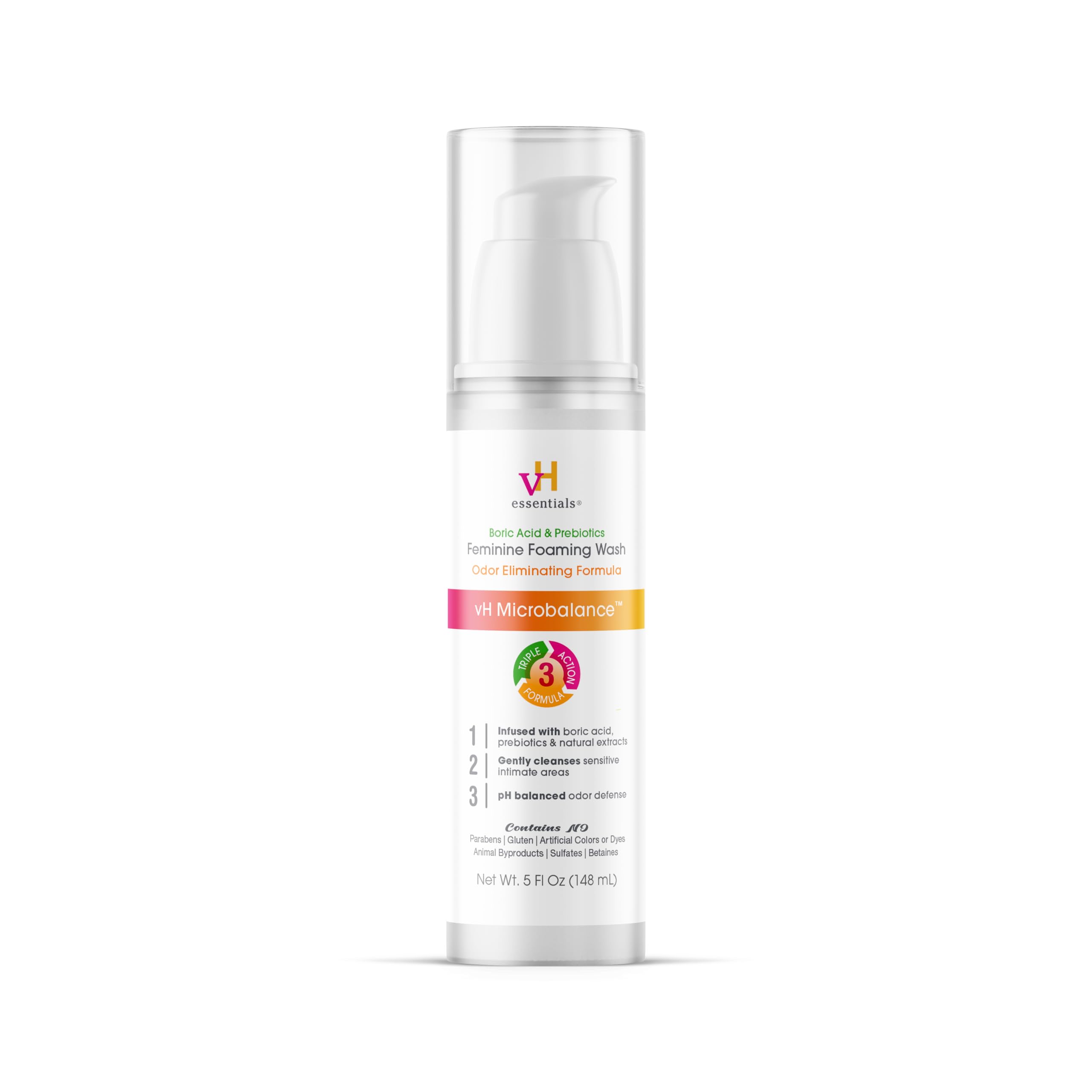 vH Essentials Feminine Foaming Wash with Boric Acid and Prebiotics, Odor Eliminating pH-Balanced Daily Cleanser with Lavender an