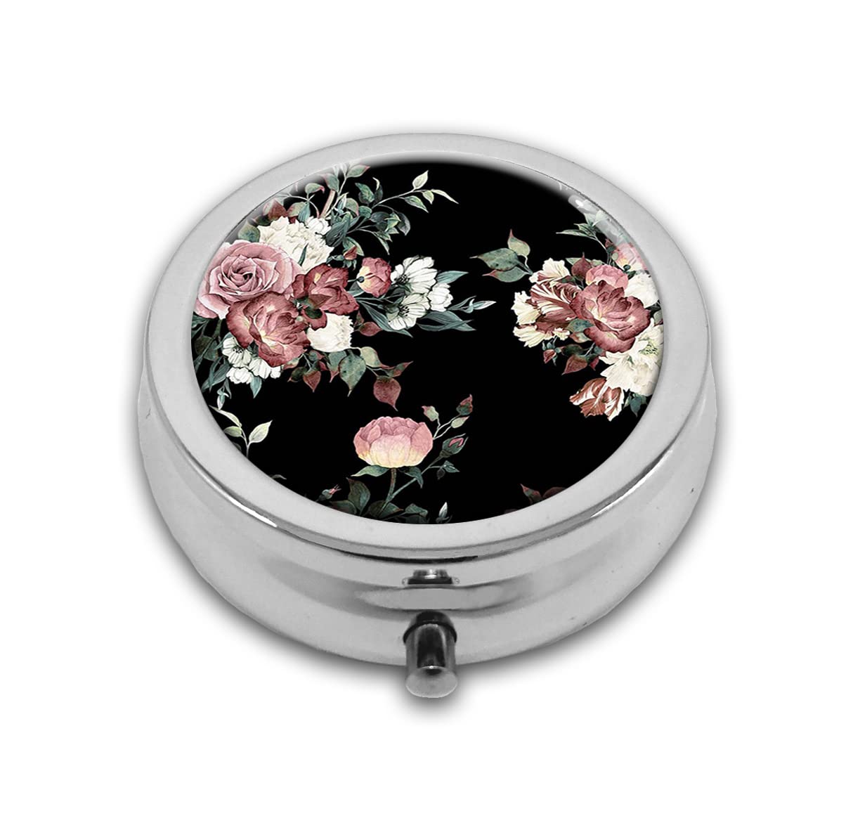 Beautiful Retro Flowers Pill Box Purse Pocket Small Round Silver Pill Case Decorative Box Metal Medicine Vitamin Pill Organizer 