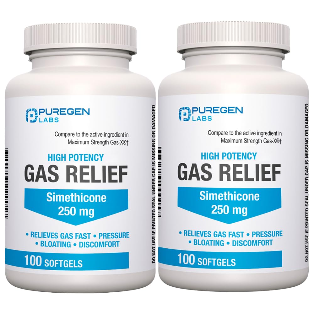 P Puregen Labs High Potency Gas Relief Softgels with Simethicone 250 mg Relieve Pressure, Bloating and Painful Discomfort Compar