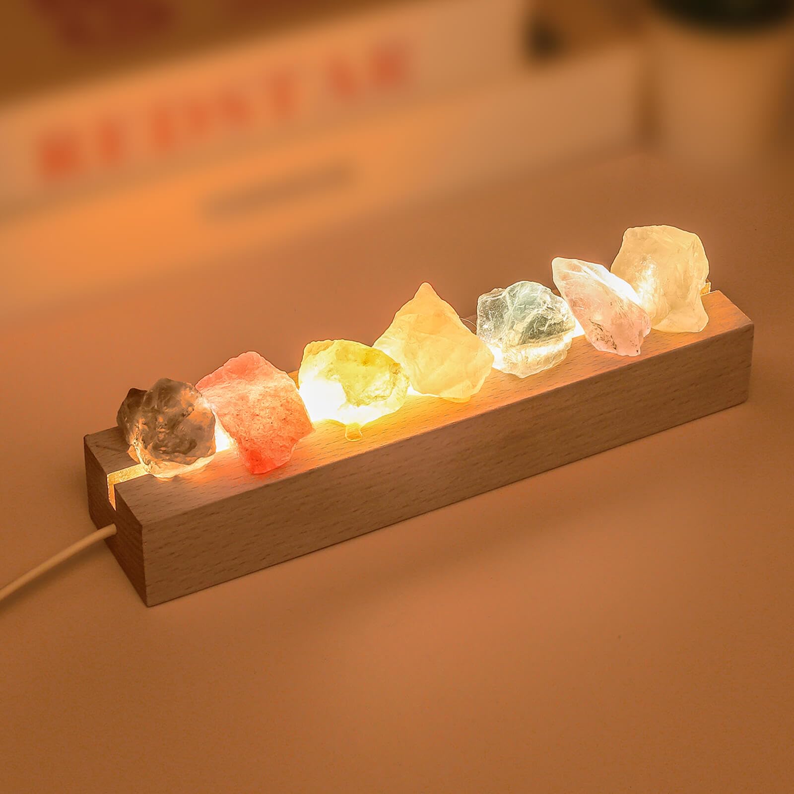 HYAMVOR Healing Crystal Night Light,7 Chakra Stones Bedside Lamp,Mood Light with Wooden LED Light Base,Healing Stones Positive E
