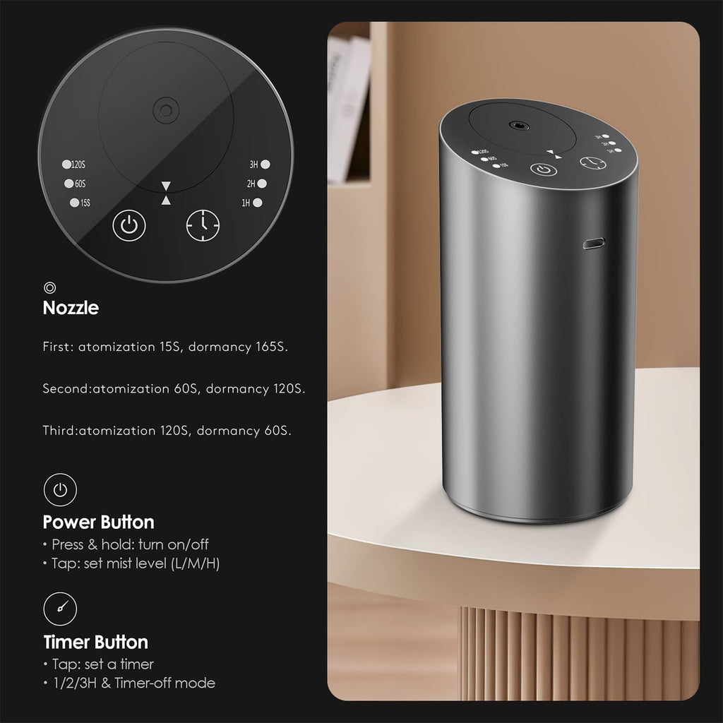Waterless Car Diffuser, Waterless Diffusers for Essential Oils with Timer & No Leakage Tech, Super Quiet Cordless Aromatherapy E
