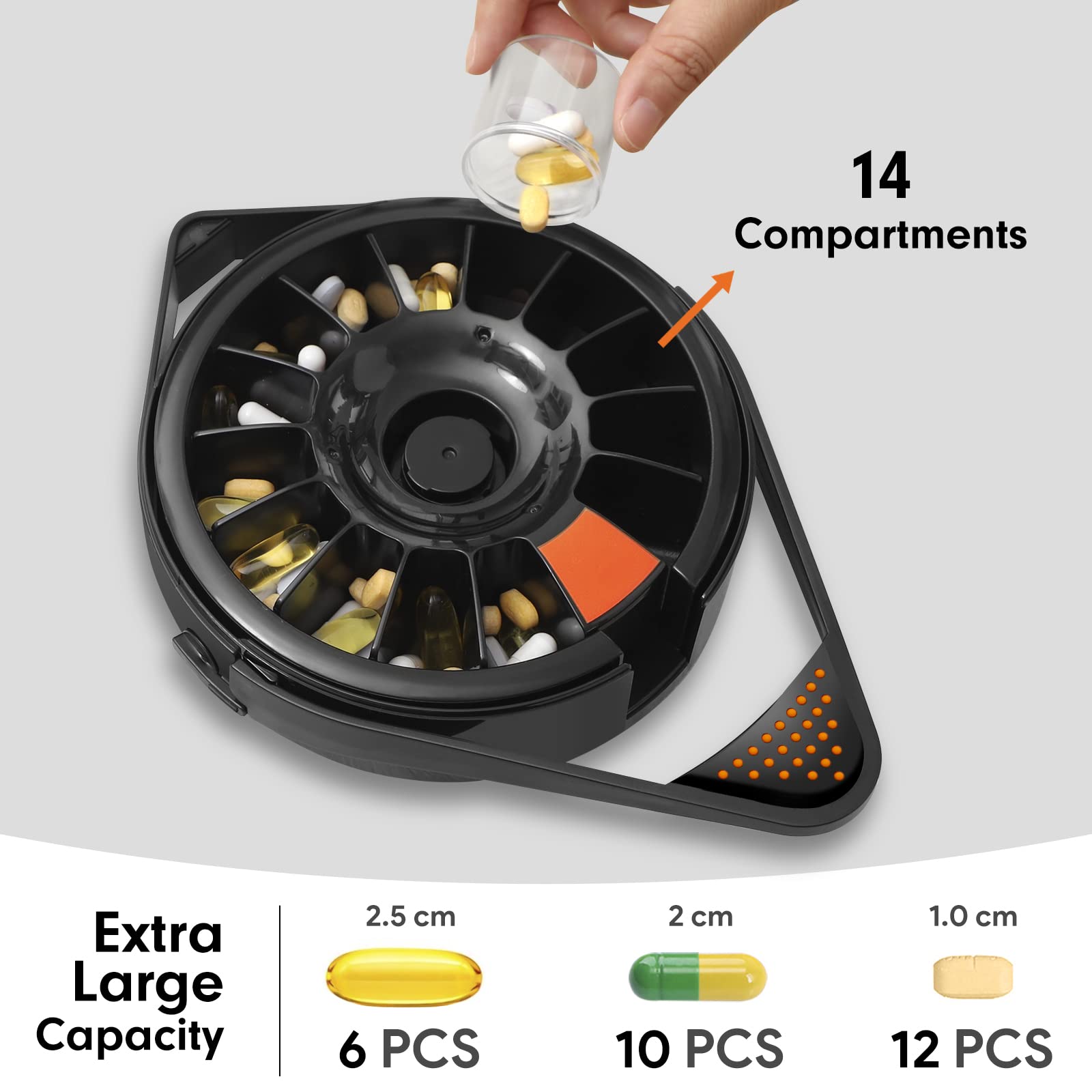 Fullicon Weekly Pill Dispenser Organizer with 14 Large Compartments and Child-Proof Lock, Spindo Medicine Dispenser-Dispense Vit