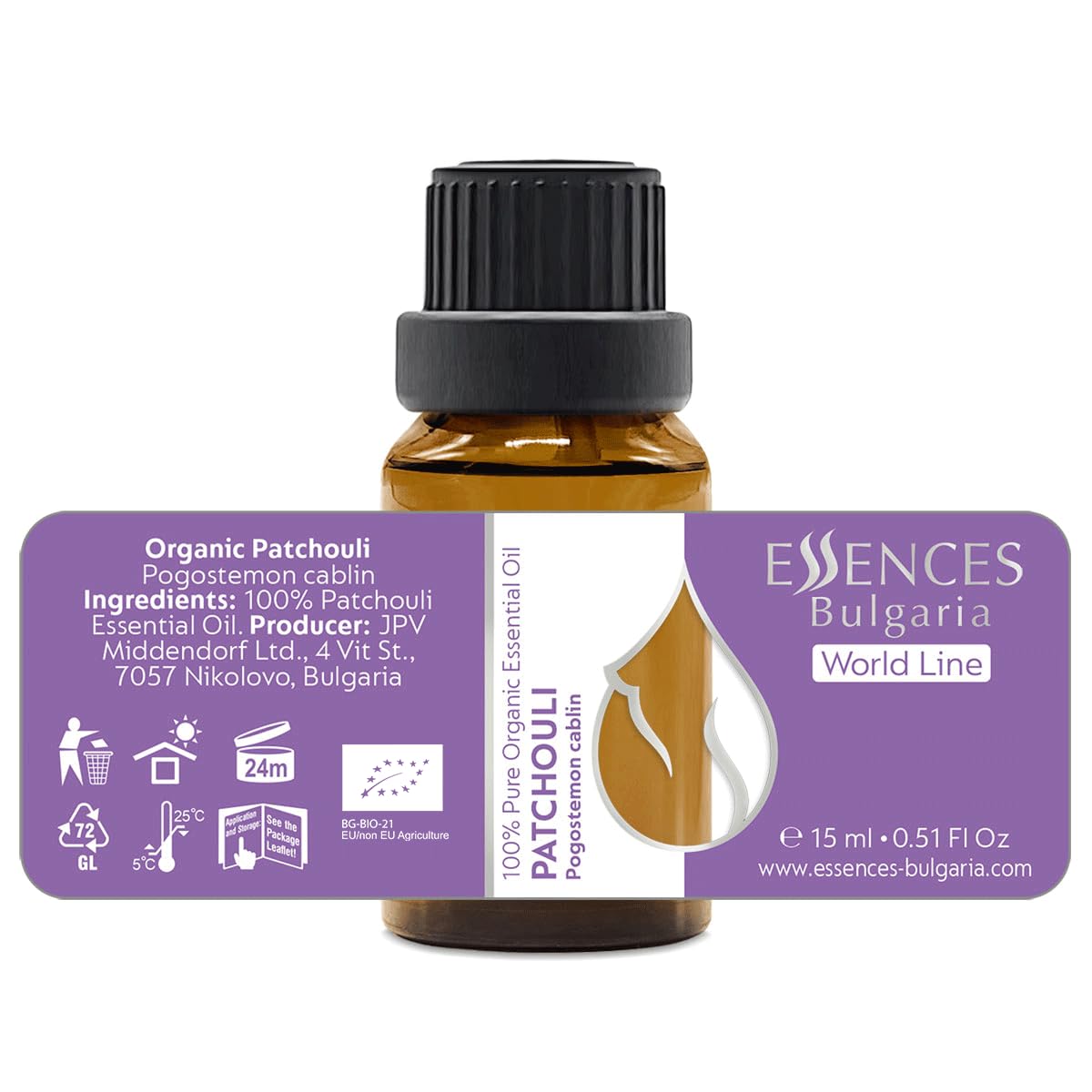 Essences Bulgaria Organic Patchouli Essential Oil 0.51 Fl Oz 15ml Pogostemon cablin - 100% Pure Natural Undiluted Therapeutic Gr