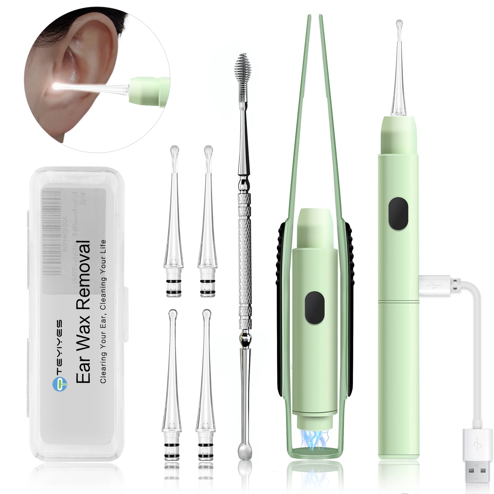 Upgraded All-in-One Ear Cleaning Tool Set with LED Light, Pick, Tweezers, Spiral Spring Spoon for Adults, Kids, and Pets (Pack o