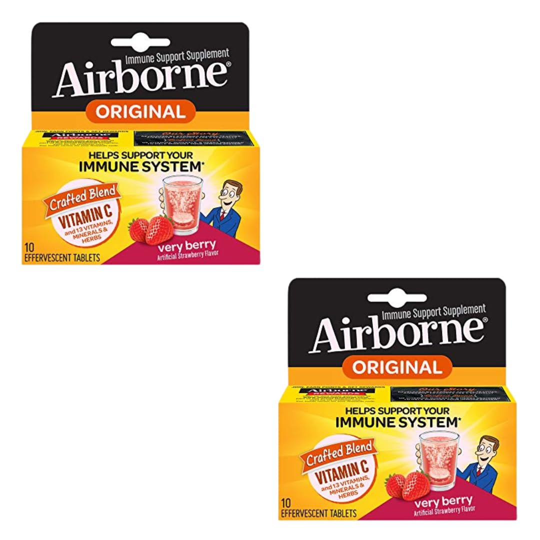 Airborne Very Berry Effervescent Tablets, 10 count - 1000mg of Vitamin C - Immune Support Supplement (Pack of 2)
