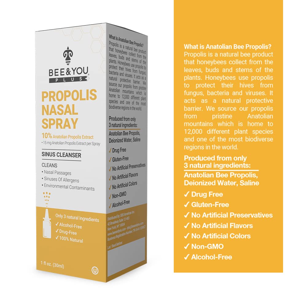 BEE and You Plus Natural Propolis Nasal Spray 1 Fl oz | Congestion Relief Drug Free & Alcohol Free, Sinus Relief, Allergy, Nasal