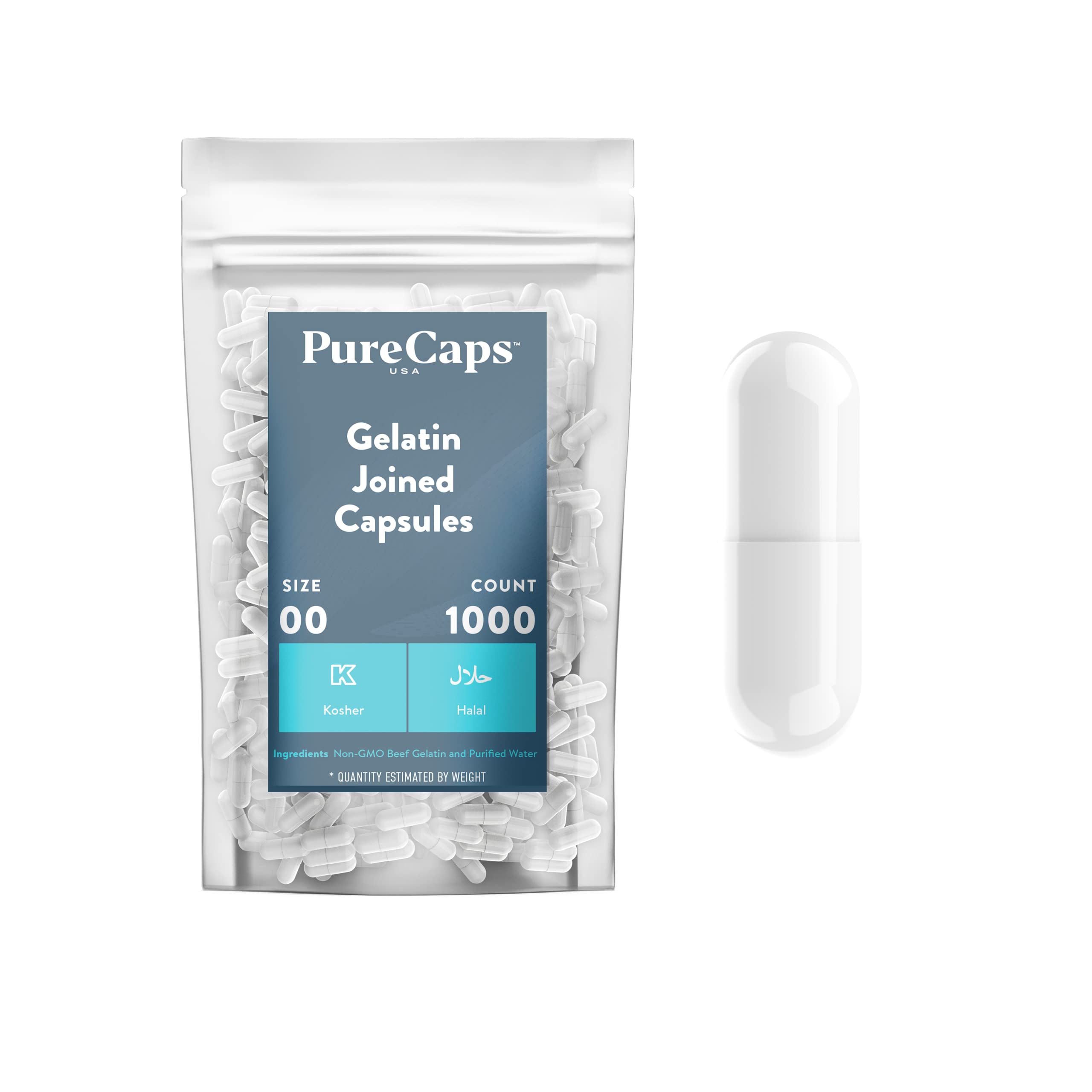 PureCaps USA - Empty Gelatin Capsules Size 00| 1,000 Joined Pills| White| Non-GMO Certified | SLS, Gluten, Preservative Free