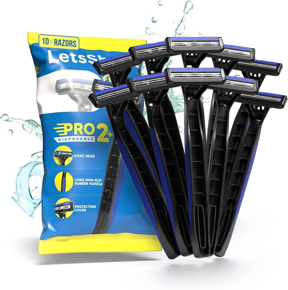Letsshave Pro 2 Plus Disposable Shaving Razor, Pack Of 10, Stainless Steel Twin Blades Made In South Korea, Open Flow Design Wit