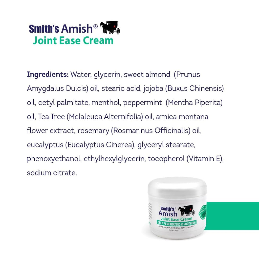 Smiths Amish Joint Ease Cream 4 oz jar. Soothing and Cooling, with Botanicals of Arnica, Peppermint, Tea Tree, Rosemary and Euca